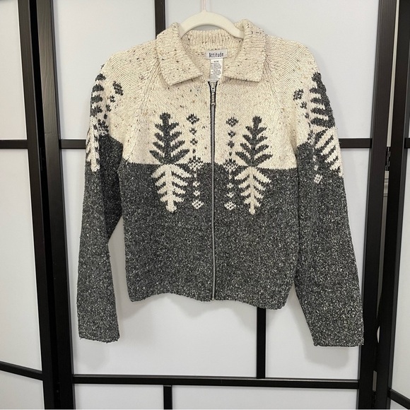[M] Vintage Creme, Brown & Grey Speckled Winter Forest Zip-Up Knit Sweater Women - Picture 2 of 14